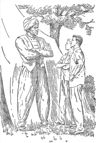 tall man wearing a turban and harem pants standing in front of a tent barring Joe and Frank