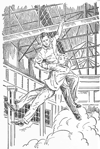 Joe hanging on a catwalk one-handed with Frank hanging on to his belt