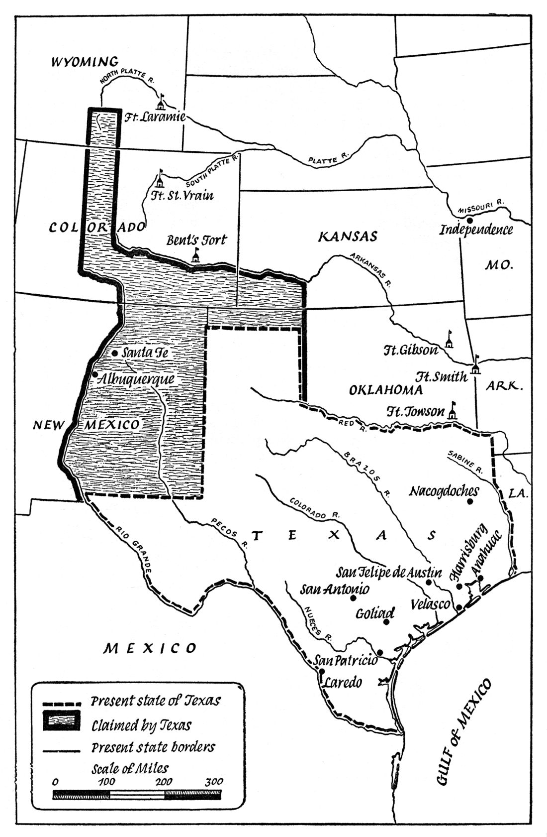 a map of Texas and land claimed by Texas