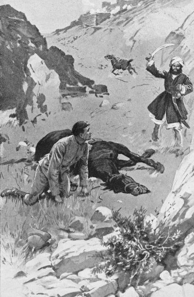 man on hands and knees beside fallen horse with sword-wielding Afghan approaching