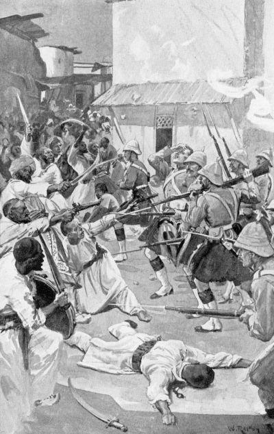 line of kilted soldiers approaching line of Afghans; all with drawn muskets