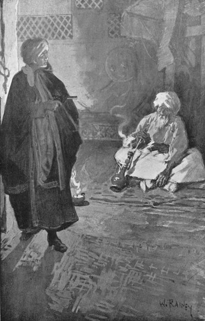 Englishman in Afghan attire pointing pistol at seated old Afghan smoking a houka