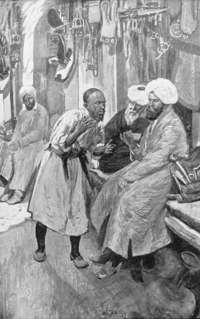 Englishman in Afghan attire holding coffee cup bargaining with man