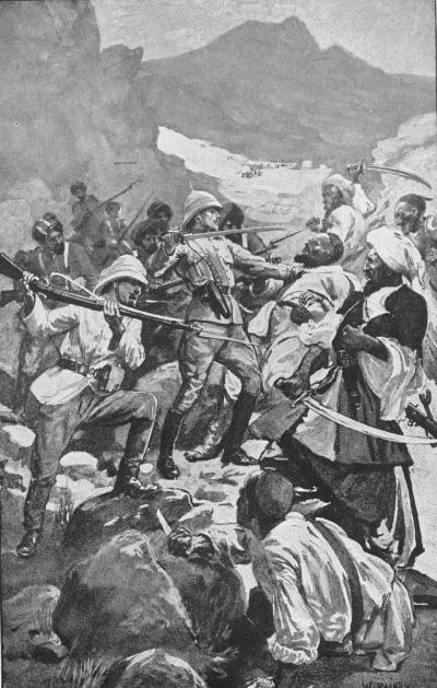 two British soldiers with drawn sword and gun bayonet confronting Afghans with drawn swords