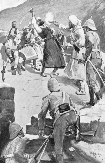 Afghan-dressed man shooting an Afghan with sword raised over his head