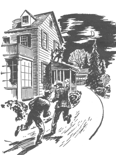 Joe and Frank running up the house driveway with man on porch roof climbing out of upstairs window