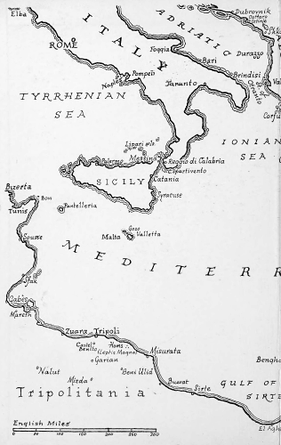map of southern Italy and Mediterranean with northern Africa Tunis to western Egypt