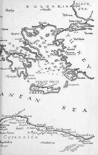 Map of Greek islands and Mediterranean with northern Egypt to Alexandria
