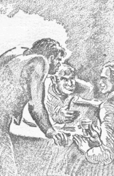 Three men converse at a table