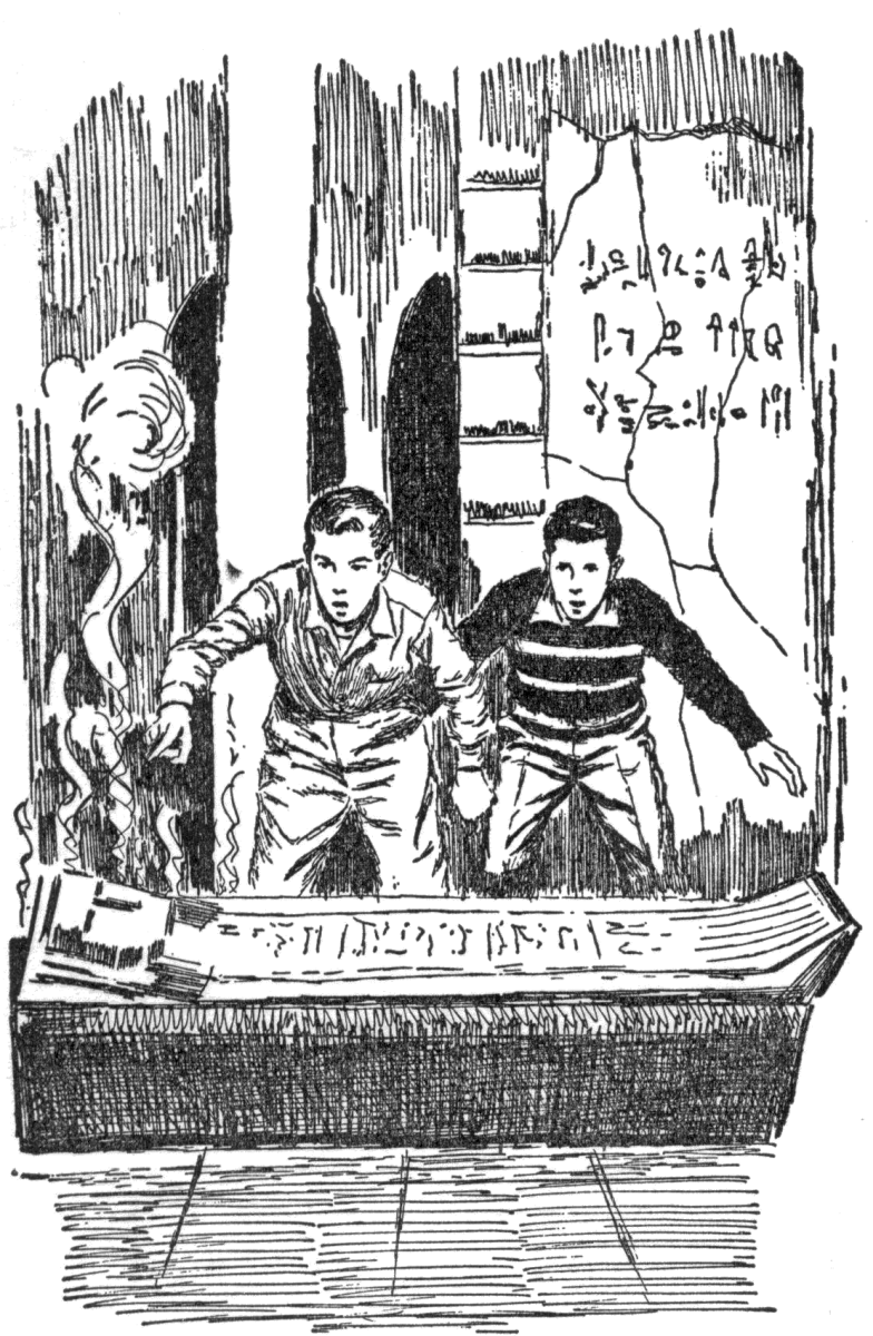 Joe and Frank leaning over a sarcophagus with smoke coming out of the top