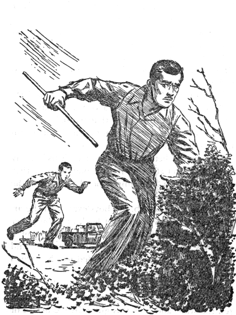 Frank chasing a man holding a hollow stick running into bushes
