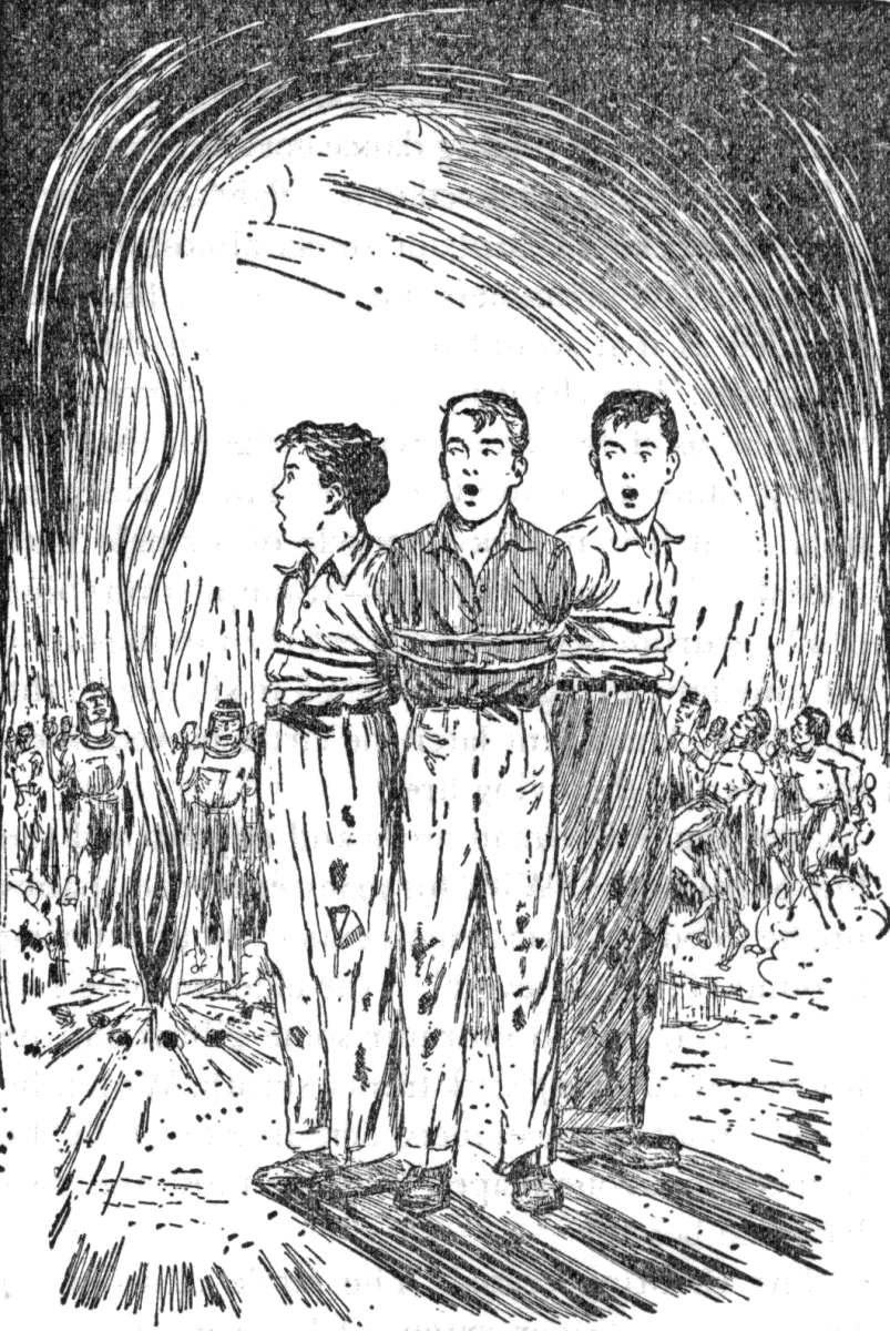 Frank, Joe and Chet tied up together with Indians dancing in the background around a fire