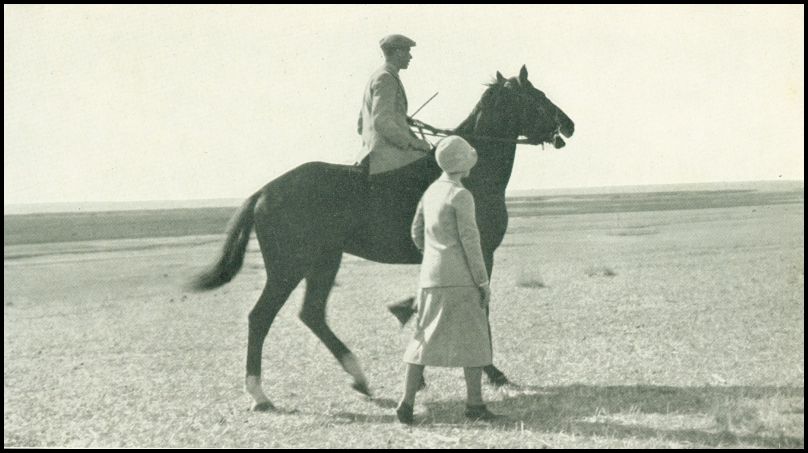 A man is on horseback while a woman walks beside him.