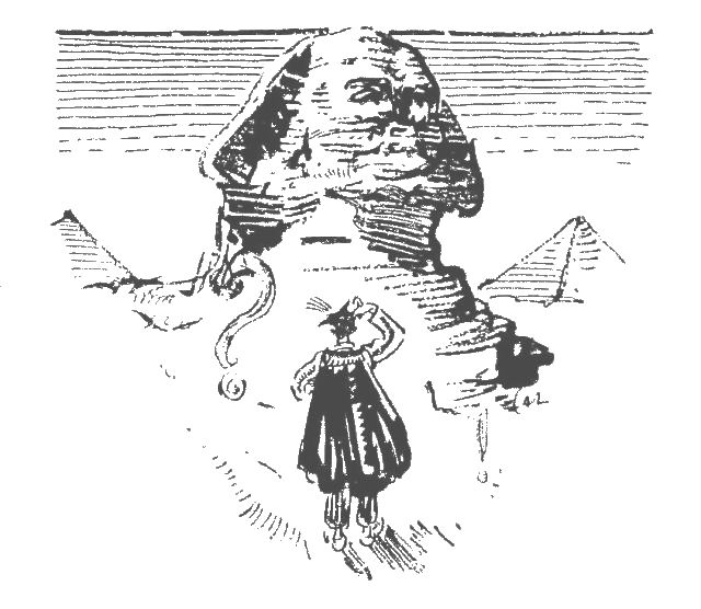 This is an illustration of a man wearing a knee length cape and a hat with a feather on it. The man is facing a sphinx. There are pyramids in the background and a large question mark to the left of the man.