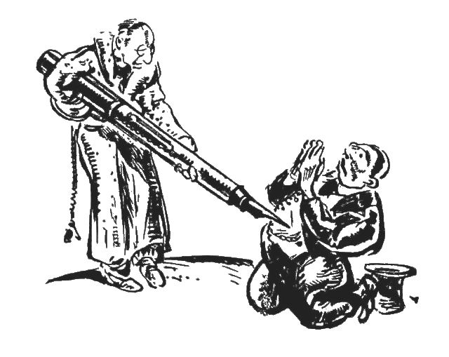 The illustration shows a man wearing a robe and holding a giant fountain pen. He is pointing the pen at the stomach of another man who is kneeling on the ground. The second man is wearing a suit and helod his hands up in a pleading manner.