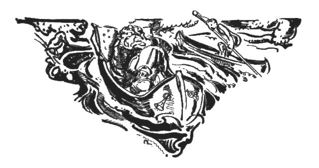 The illustration shows a man napping in a canoe that is on a river. In the background, there is another man standing in another canoe and steering that canoe with a long pole.