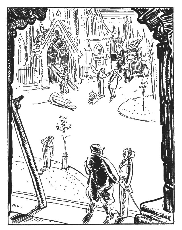 The illustration shows two men standing and talking in the foreground. In the background, there is a man moving a ladder through the doorway of a cathedral. Two other men, wearing hard hats, are standing nearby and pointing. There is also a delivery truck arriving at the front of the cathedral.