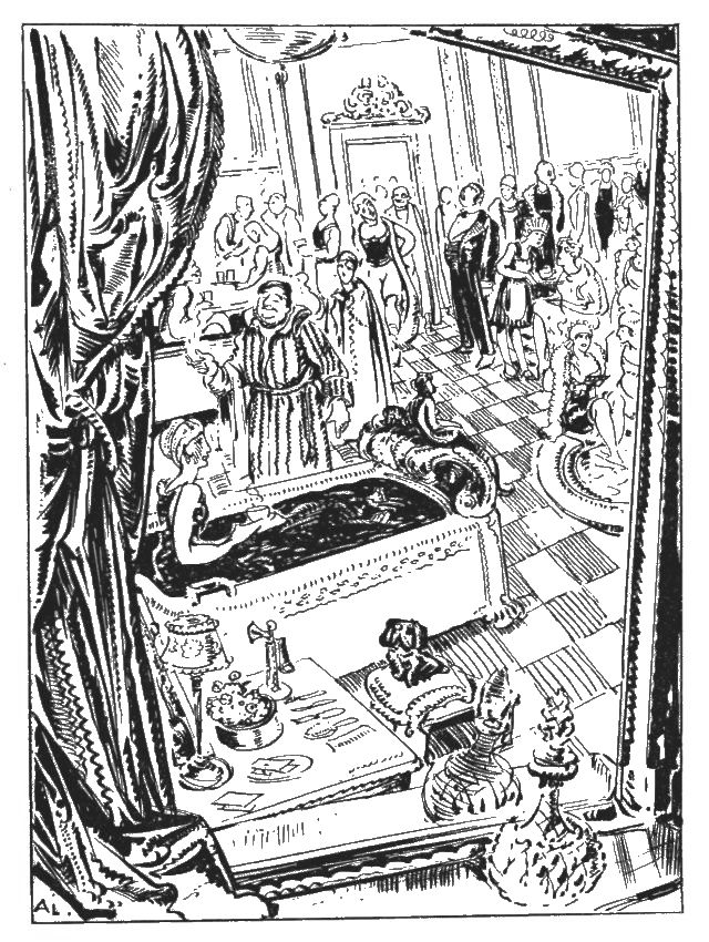 The illustration is a reflection in a mirror of a large room in which many people are milling about. In the center is a woman sitting in a bathtub holding a cup with a hot beverage. Beside the tub is a small table with a lamp and an old fashioned telephone. There is also a small dog sitting on a low stool next to the tub. There is a man wearing a robe standing next to the tub and appears to be speaking to the woman in the tub.