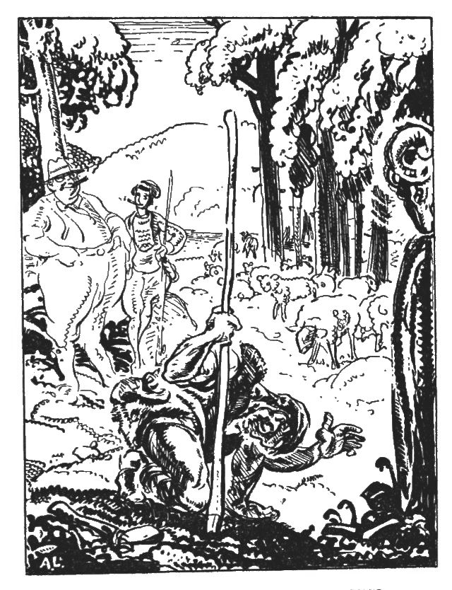 The illustration is a forest scene. In the foreground of the illustration is a man crouching down, holding a large stick in his hand. On the upper right can be seen the head of a ram with curled horns looking down on the crouching man. On the left are standing a large, fat man and a smaller man; both appear to be smoking.