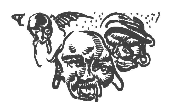 The illustration is of a large grotesque head with long ears and long teeth.