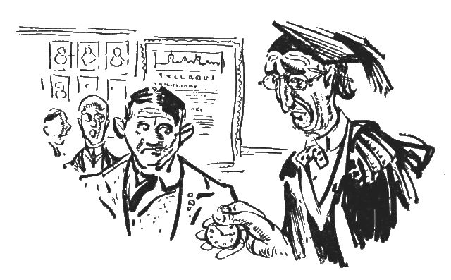 In this illustration, a man dressed in university professor garb is frowning at the watch he is holding in his hand. Another man is looking at the professor, while two other men are standing in the background.