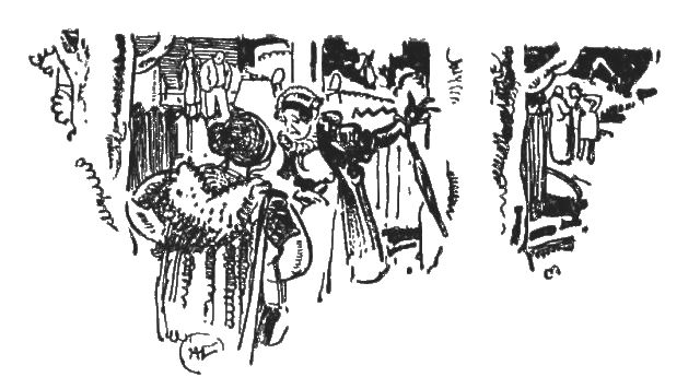 This illustration is an outdoors in a neighborhood setting. There are two women in the foreground, facing each other. The woman on the right is gesturing with her arms. The woman on the left is standing with her hands on her hips. There are other people in the background.