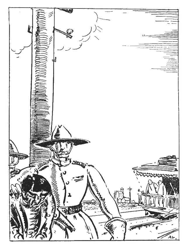 The illustration is in an outdoor setting. There are two man dressed as policemen. One of them is holding on to a third man who appears to be a prisoner. In the background can be seen a electric utility pole and a street car. In the far distance are buildings.