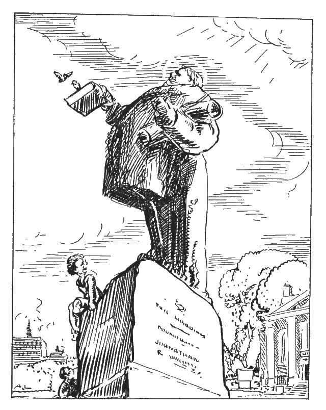 The illustration is a statue of a man holding a book in his right hand and a scroll clutched in his left arm. The statue base is a concrete block with illegible writing etched on it. There is a child sitting on the statue base and looking up at the statue. There are buildings and trees in the background.