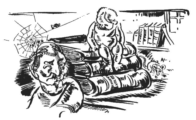 The illustration shows a stack of books with a small child sitting on the top of the stack. There is a man in the foreground looking back at the book stack. There is a cobweb and a spirder in the left background and a book shelf with more books in the right background.