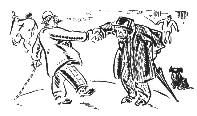 The illustration is of two men with two other men on opposite sides of the background. In the foreground, two men are shaking hands while a small dog watches. The man on the left is wearing a coat, a hat, plaid trousers and holding a cane. The man on the right is wearing a dark coat and hat and is holding an umbrella.