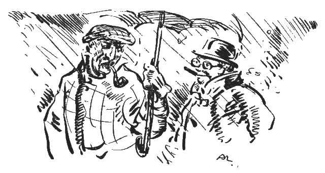 In the illustration, there are two men standing under an umbrella and it is raining. The man on the left is wearing a plaid coat and hat and smoking a pipe. The man on the right is wearing glasses and a coat and hat while smoking a cigar.