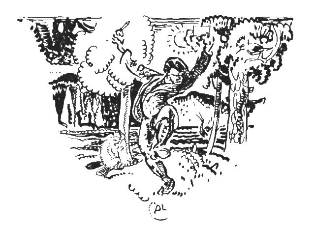The illustration is an outdoor setting in a forest. It shows a man gyrating while holding a piece of paper in his left hand. There is a beaver gnawing on a tree behind the man.