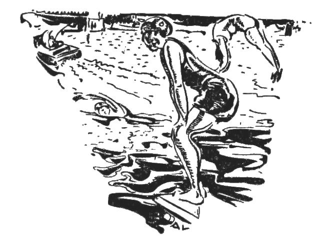 The illustration shows a woman standing on a diving board over a lake. She is wearing a swimsuit and a swimcap and has her hands resting on her knees. There is another person jumping in the background as a third person is swimming by. In the background is a small motorboat.
