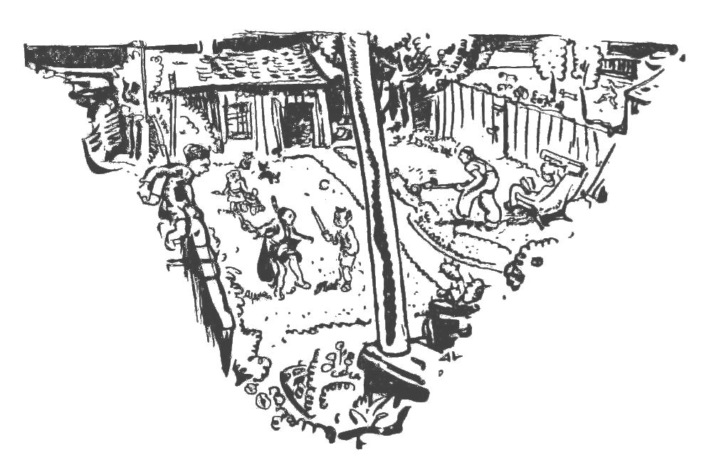The illustration is of a back garden with many children playing in it. There is also a man mowing the grass while another person sits in a chair reading a book. In the background is a house and trees.