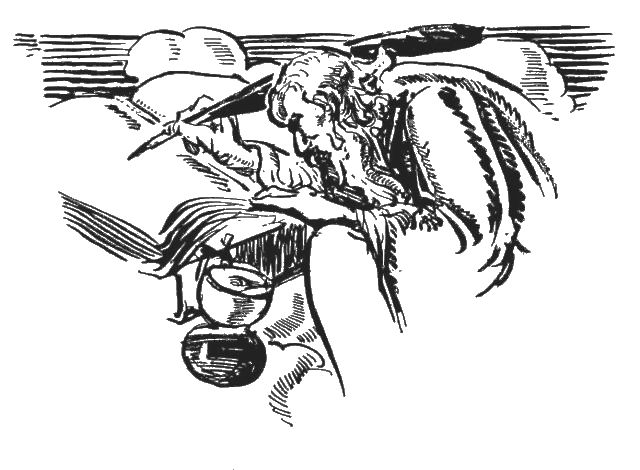 The illustration shows a man writing in a large book using a quill. The man has a long beard and appears to be wearing a robe. There is an inkwell next to the man.