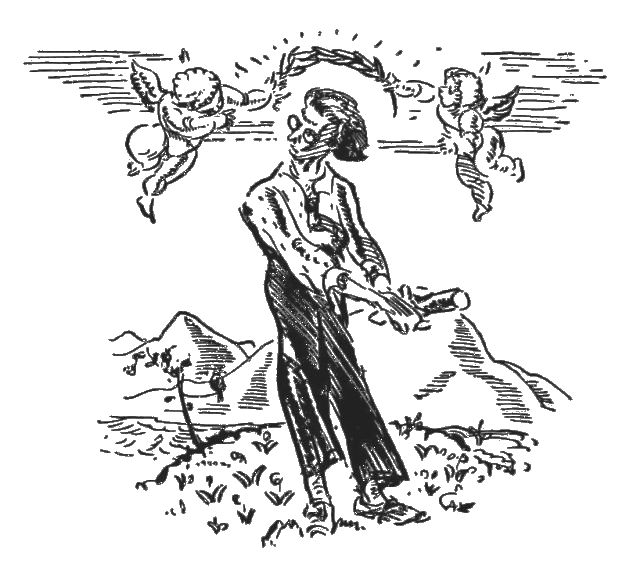 The illustration shows a man in a mountain setting holding a scroll. There are two angels on either side of his head who are holding a branch over the man&#x27;s head. The man has his face turned towards the angel on the left.