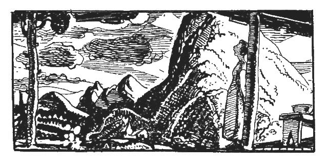 The illustration is a mountain setting. There is a woman leaning against a pole and looking out at the mountains in the distance. There is a bench with a bowl sitting on it behind the woman.