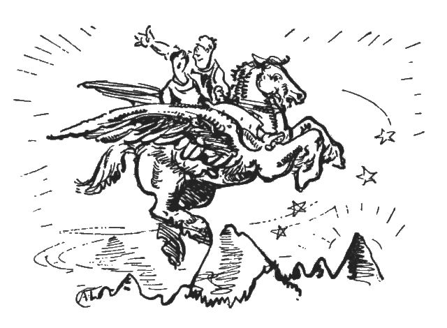 The illustration shows a winged horse flying over mountains with stars in the background. There is a man and a woman seated on the horse.