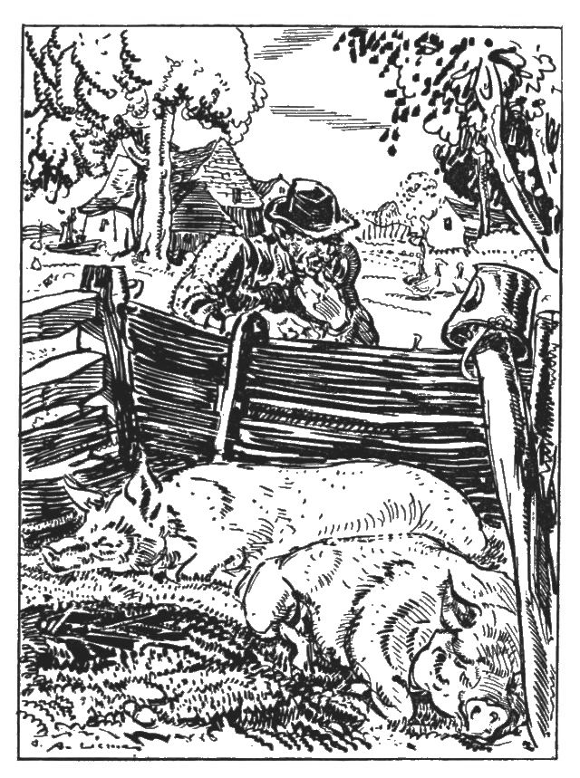 The illustration is an outdoor setting of a farmyard. There is an old man looking over a fence at two pigs who are laying on the ground in a pen. There are farm buildings and trees in the background.