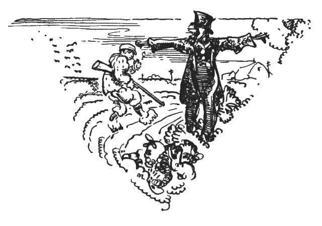 The illustration shows a man holding a shotgun walking down a dirt road. The is passing a scarecrow dressed in dark clothing.