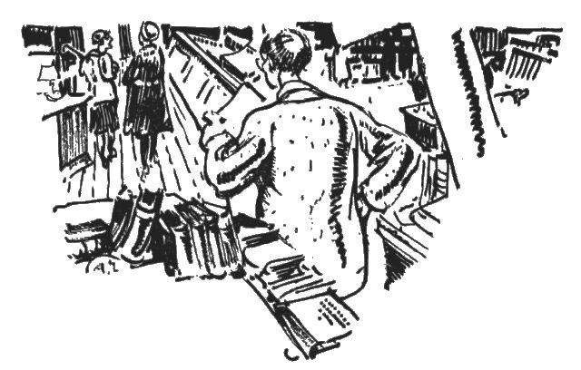 The illustration is indoors in a bookstore. There is a man in the foreground looking at two women who are standing in the background and talking.