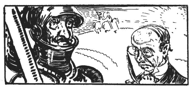 The illustration is an outdoor setting. There is a man wearing armor on the left. There is another man wearing a suit and glasses on the right. There are two people on horseback in the background.