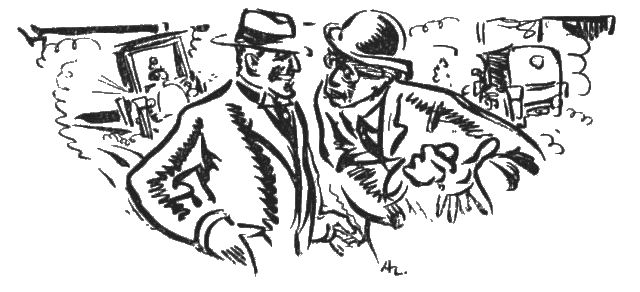 The illustration shows two men, both wearing suits and hats, talking to each other in an outdoor street setting.