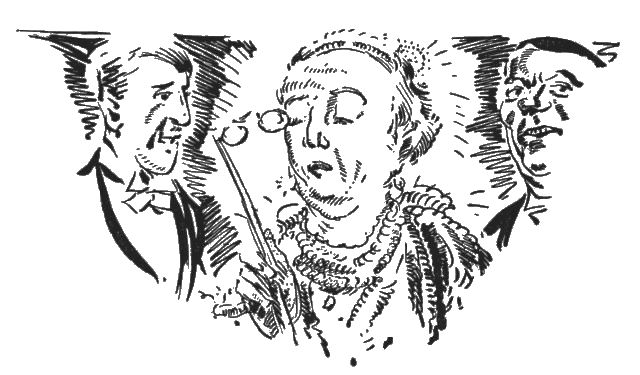 The illustration is of a woman with two men standing on either side of her. The woman is formally dressed is holding a lorgnette up to her eyes.