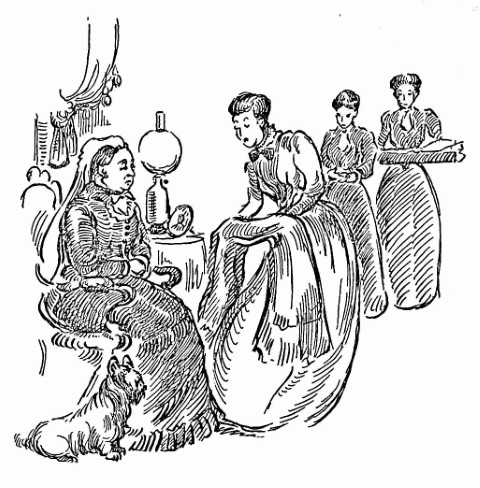 Servants showing Queen some garments