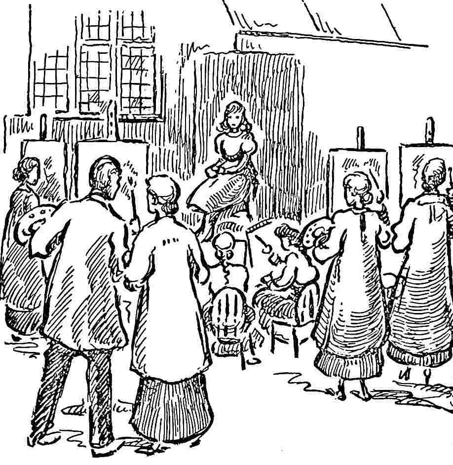 Artists painting a model