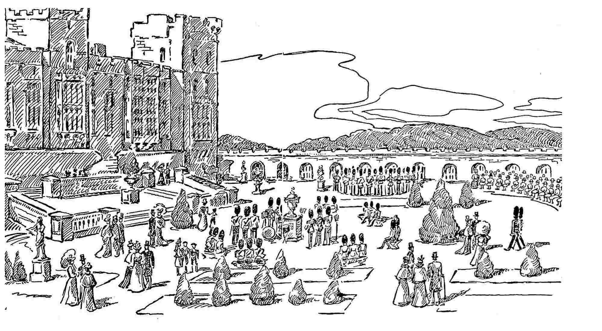 Crowd gathers in palace garden