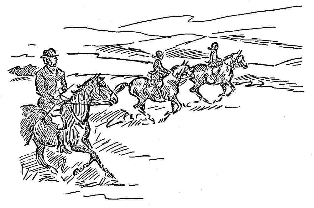 Three people riding horses