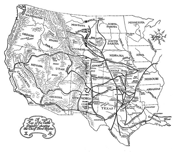 Map of American West showing cattle trails