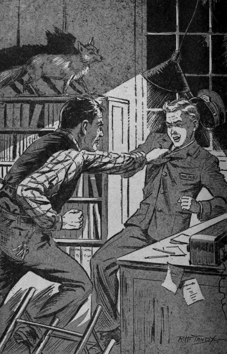 man in office grabbing Joe by the coat collar and threating a punch with the other hand